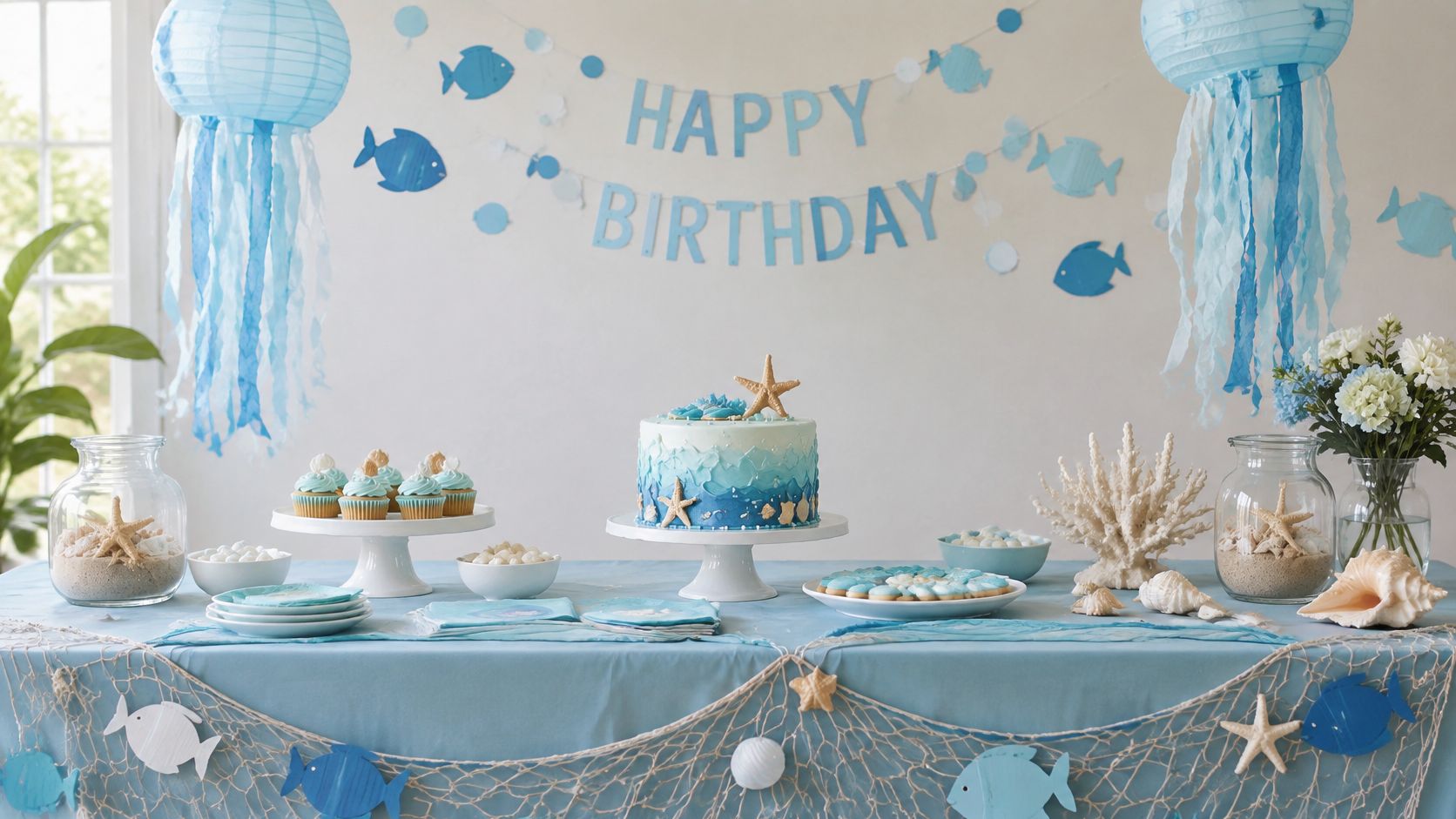 A beautifully decorated table for an under the sea themed birthday party with cake, cupcakes, and decorations.