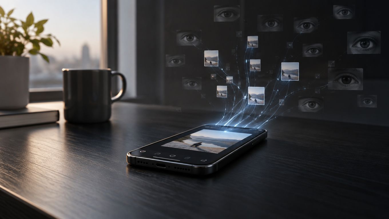 A smartphone on a desk projecting images of a person by a lake and several floating eyes.