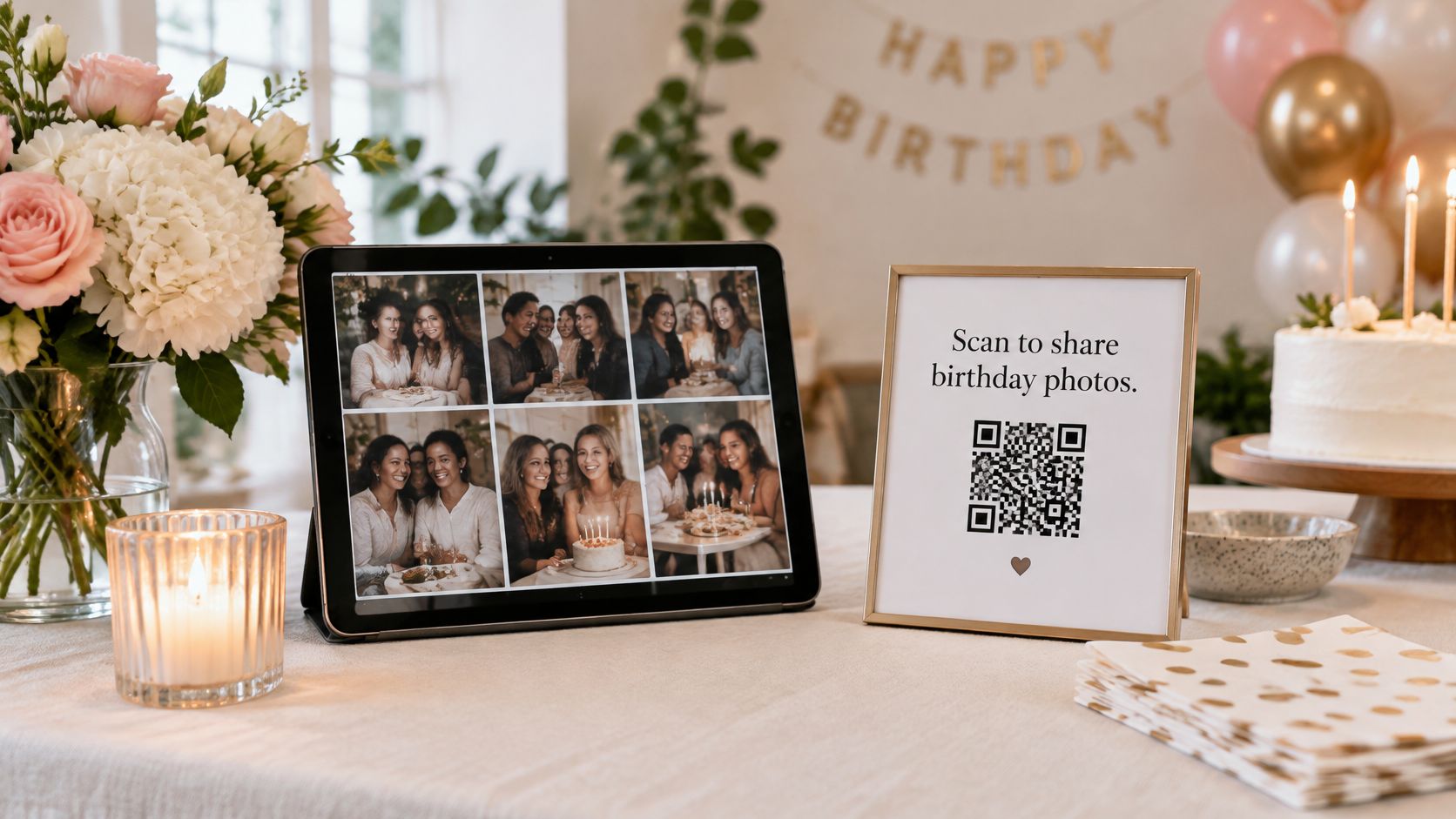 A digital photo frame displaying birthday party memories next to a QR code sign for sharing photos.
