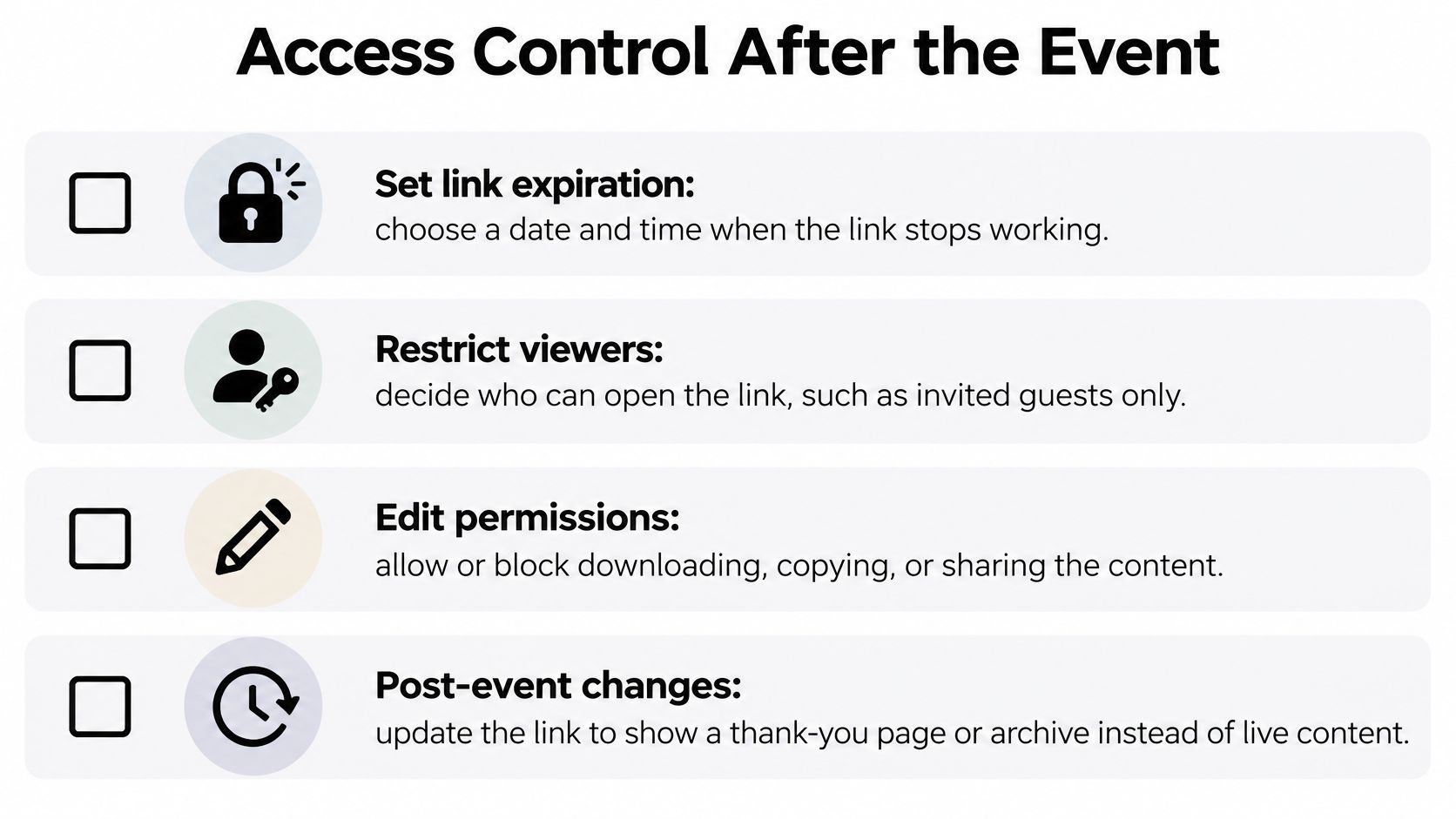 A list of access control features for event links including expiration, viewer restrictions, permissions, and post-event updates.
