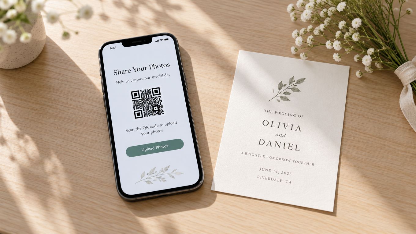 A smartphone displaying a wedding photo upload QR code next to a personalized wedding invitation card.