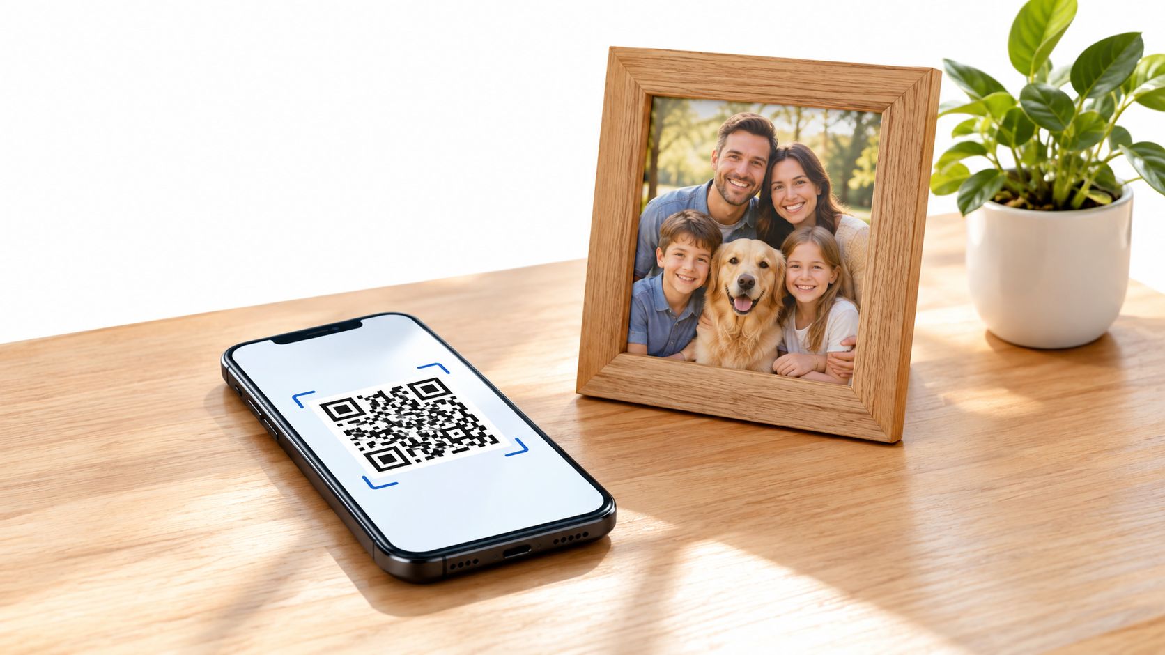 A smartphone displaying a QR code sits next to a framed family portrait on a wooden table.
