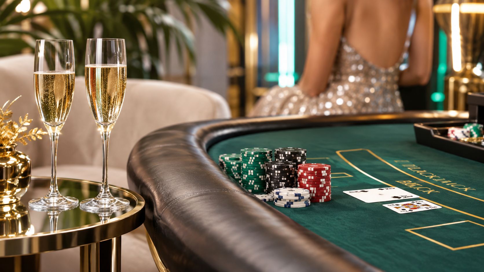 A luxurious casino scene with champagne flutes, gambling chips, and playing cards on a green blackjack table.