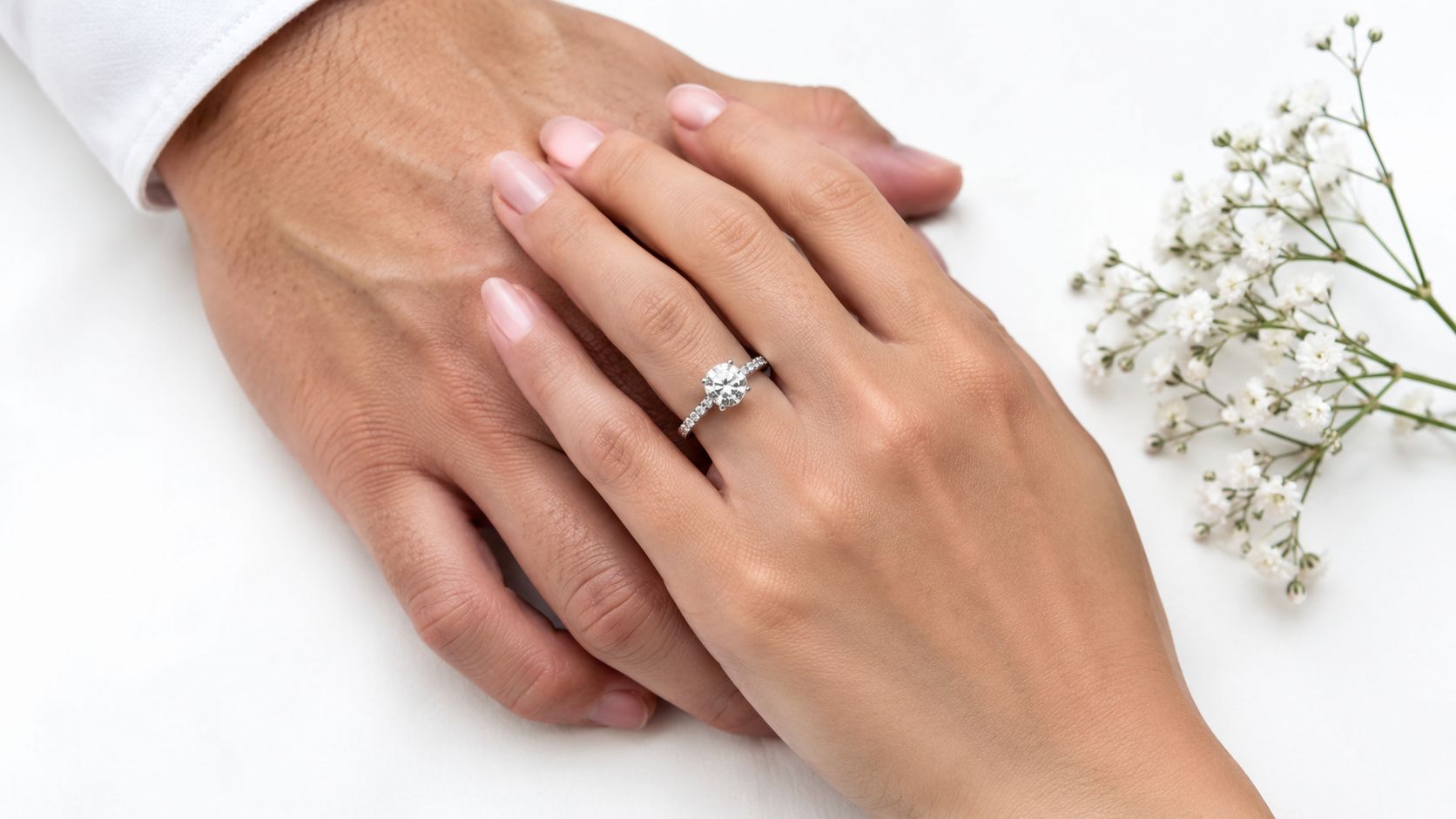 A close-up view of a couple holding hands, showcasing a beautiful diamond engagement ring on her finger.