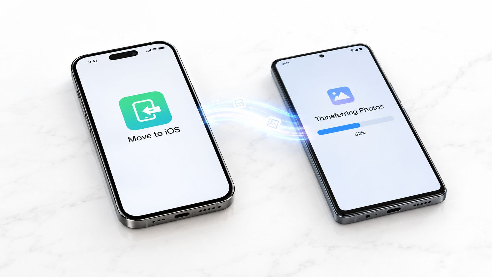 Two smartphones on a marble table wirelessly transferring photos via the Move to iOS application.