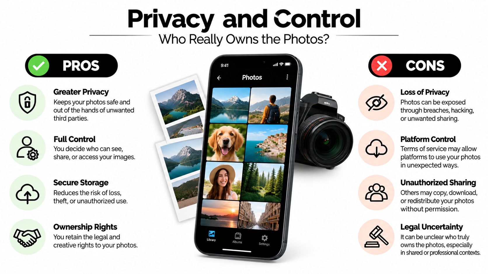 An infographic comparing the pros and cons of photo privacy, control, and ownership in digital storage.
