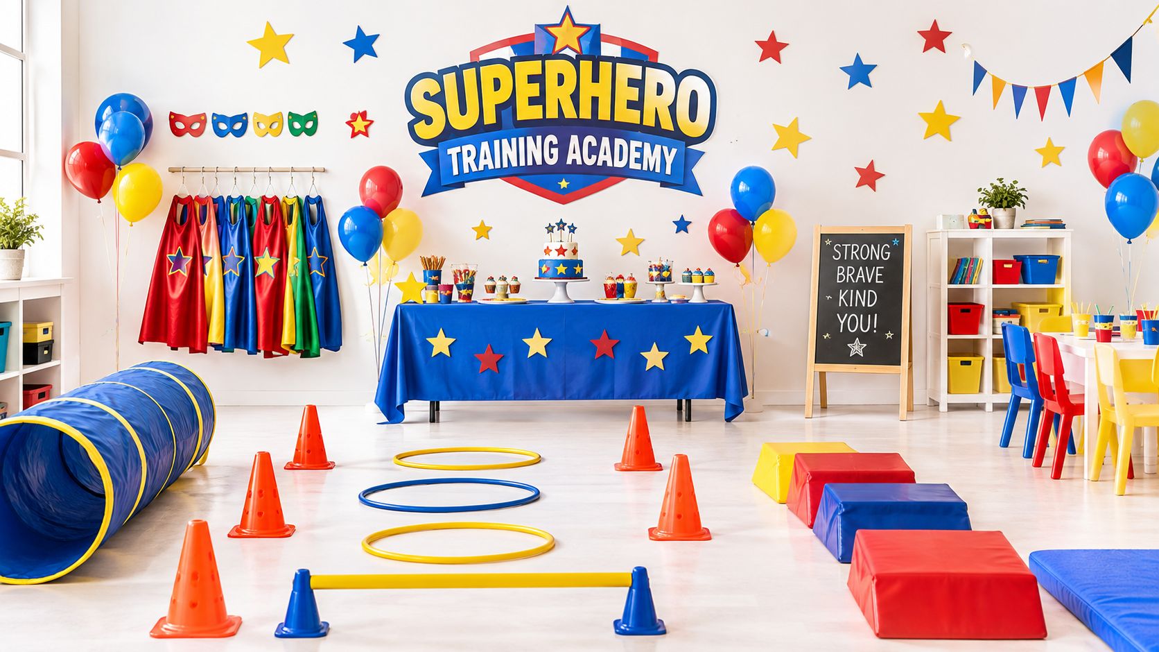 A brightly decorated room for a superhero themed birthday party with capes, obstacle courses, and party snacks.