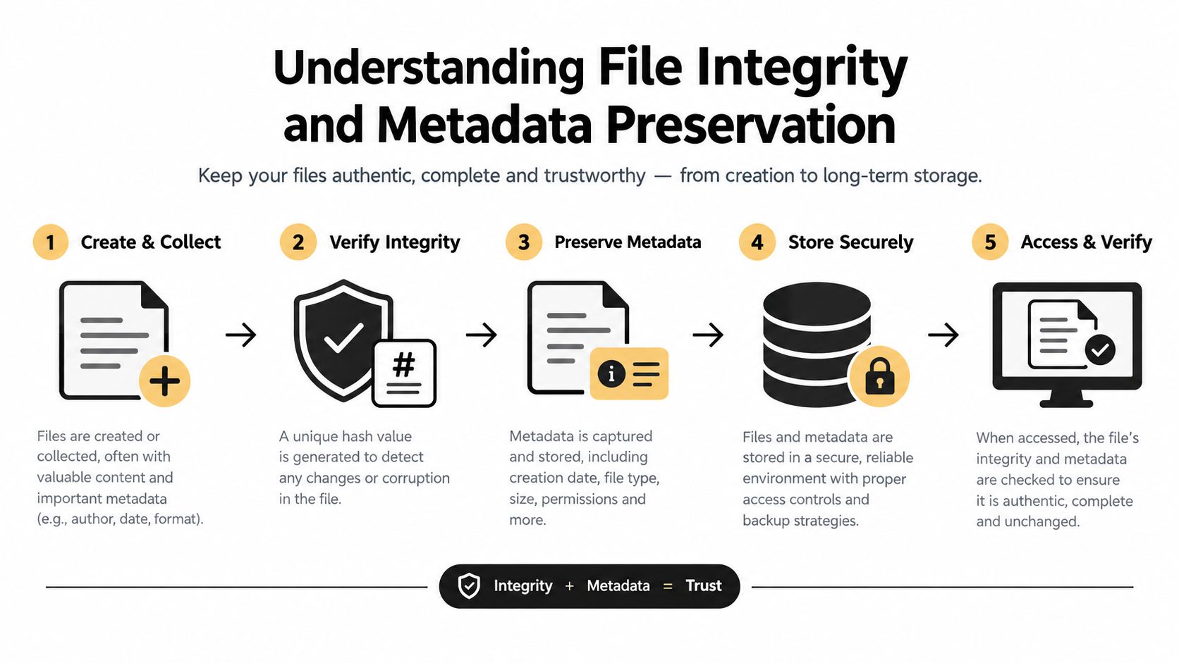 A diagram illustrating the five-step process of file integrity and metadata preservation for long-term secure storage.