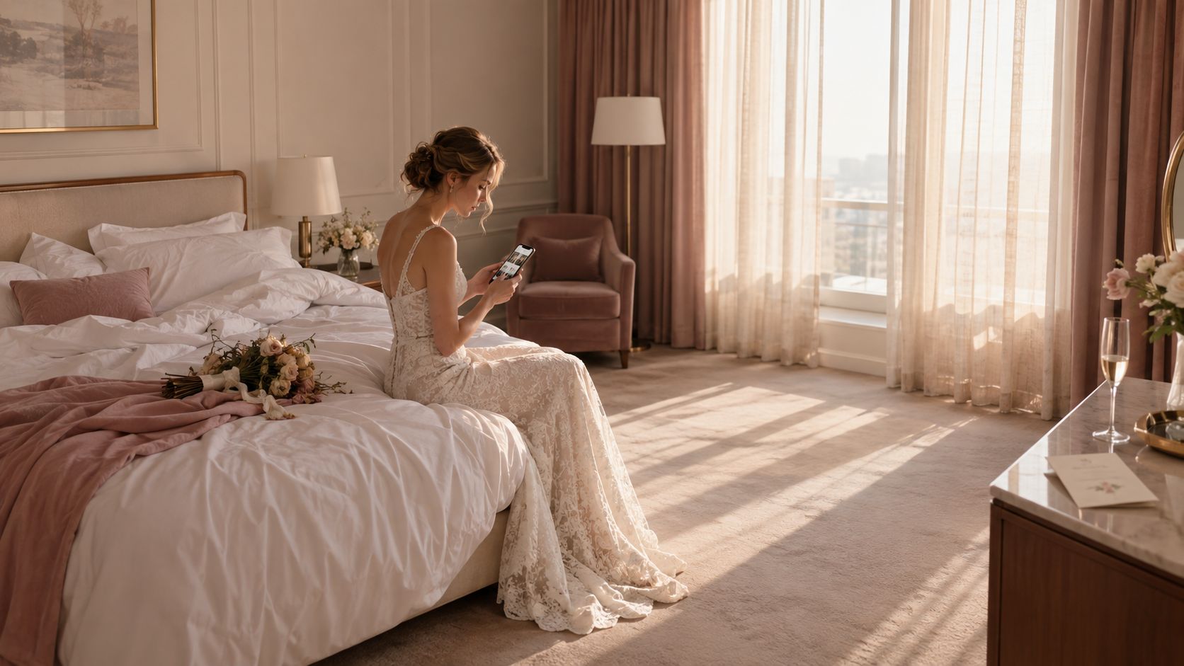 A bride in a white lace wedding dress sits on a hotel bed, looking at her smartphone.