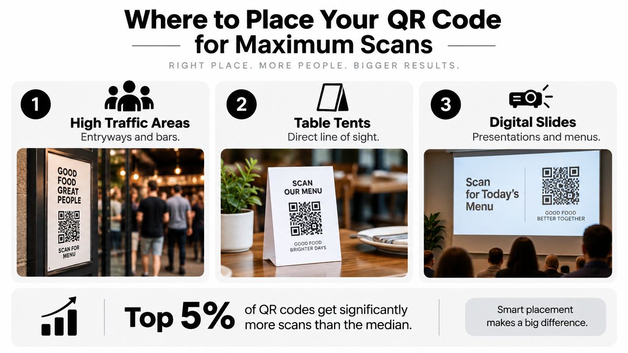 An infographic showing three effective locations to place QR codes for maximum customer scans and results.