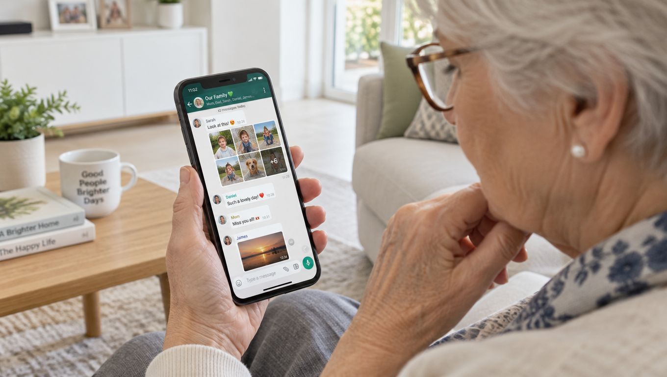 An elderly woman holding a smartphone and viewing family photos in a chat group message