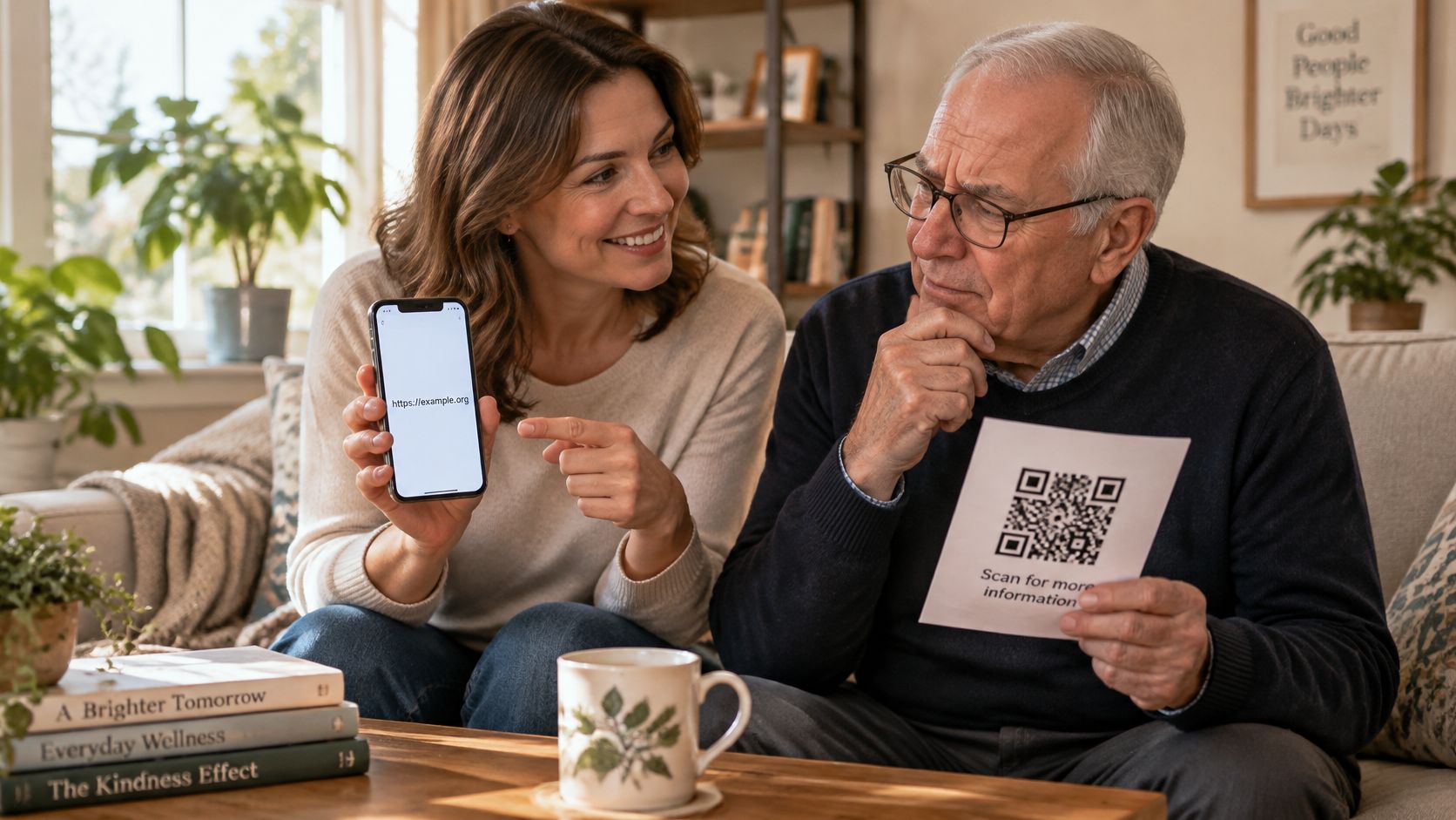 A young woman showing a website link on her phone to an older man holding a QR code.