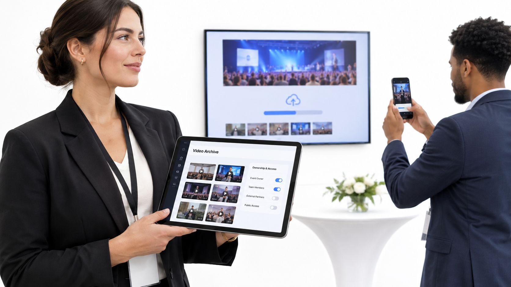 A professional business woman holding a tablet displaying a video archive portal with a man using a smartphone.