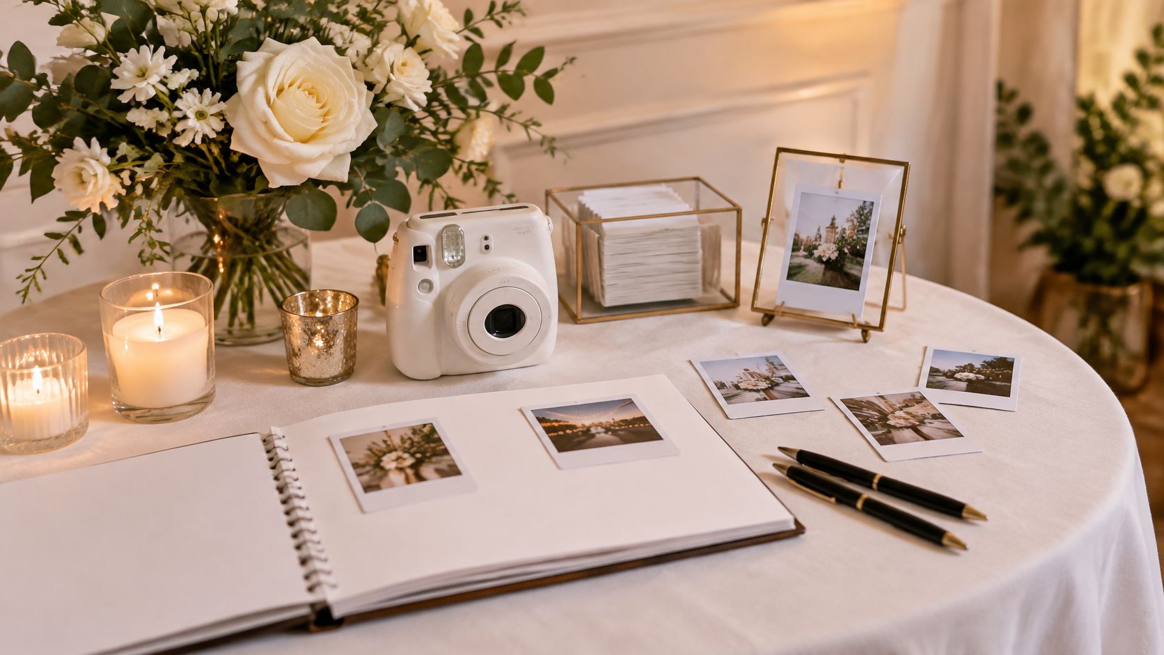 A wedding guest book table featuring a white instant camera, a photo album, flowers, candles, and polaroid photos.