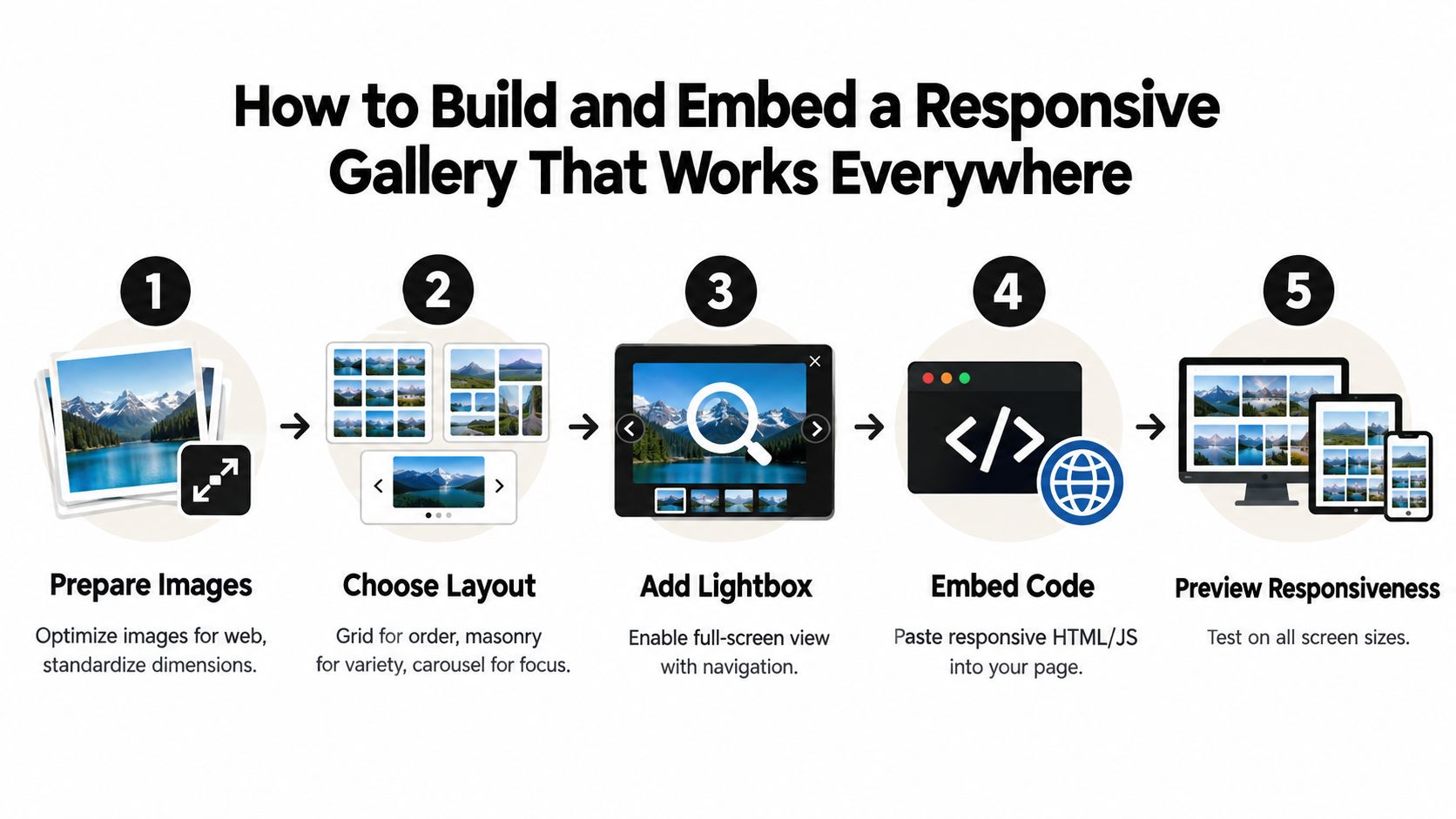 A five-step infographic showing how to build and embed a responsive photo gallery for a website.