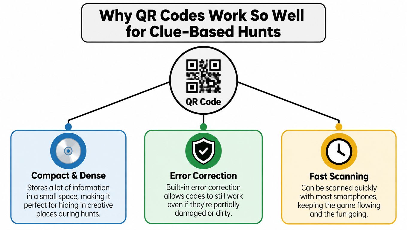 A diagram explaining why QR codes are effective for clue-based scavenger hunts, highlighting density, error correction, and scanning.