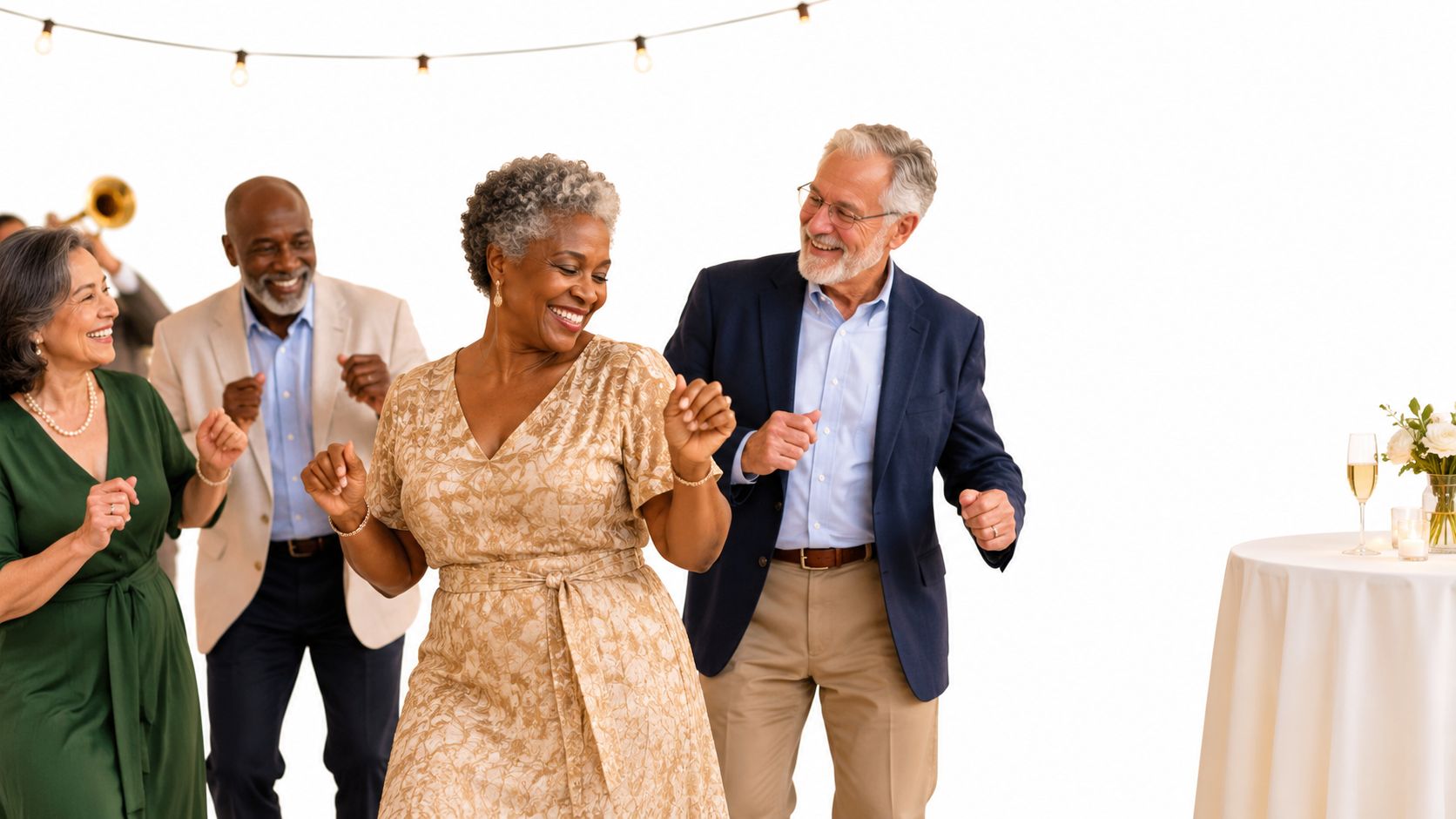 A diverse group of cheerful older adults dancing happily at a celebratory party event.