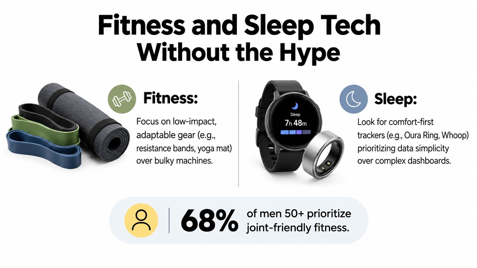 An infographic titled Fitness and Sleep Tech Without the Hype, illustrating low-impact exercise gear and sleep trackers.