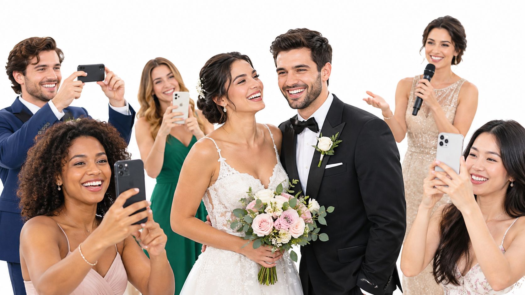 A happy bride and groom posing for photos surrounded by their wedding guests taking pictures.