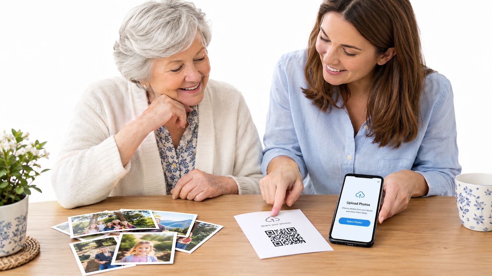 An elderly woman and a younger woman looking at photo prints and scanning a QR code for uploading.