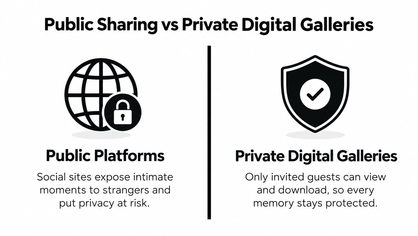 A comparison graphic showing the risks of public social platforms versus private digital gallery security.