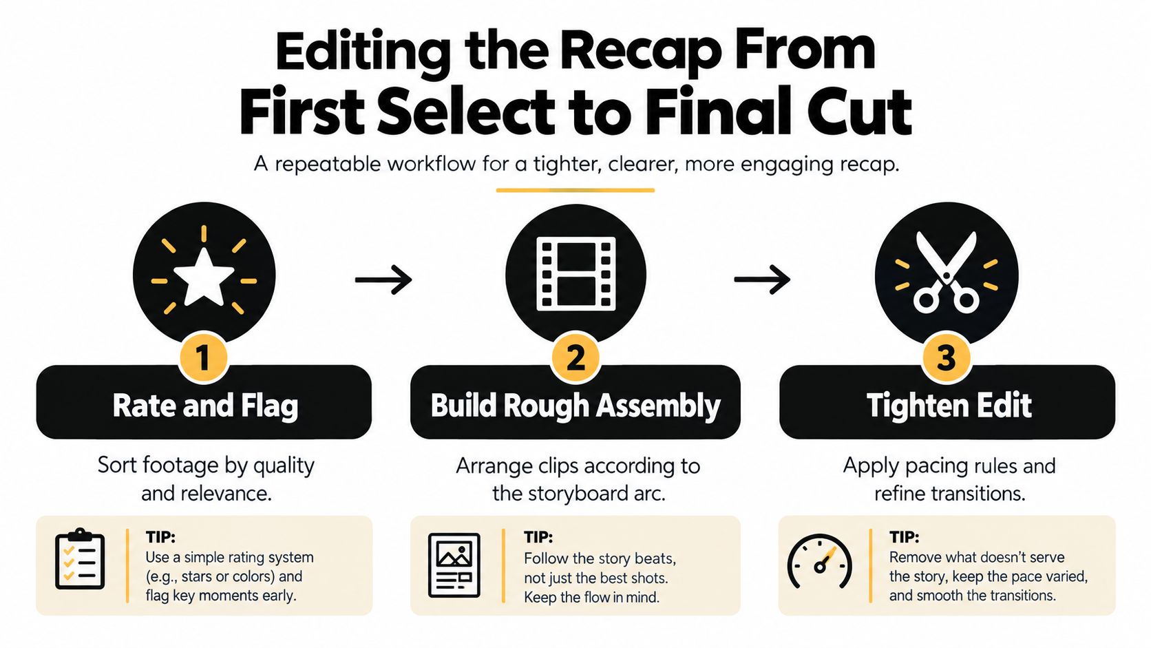 A three-step infographic showing a repeatable video editing workflow from rating footage to the final cut.