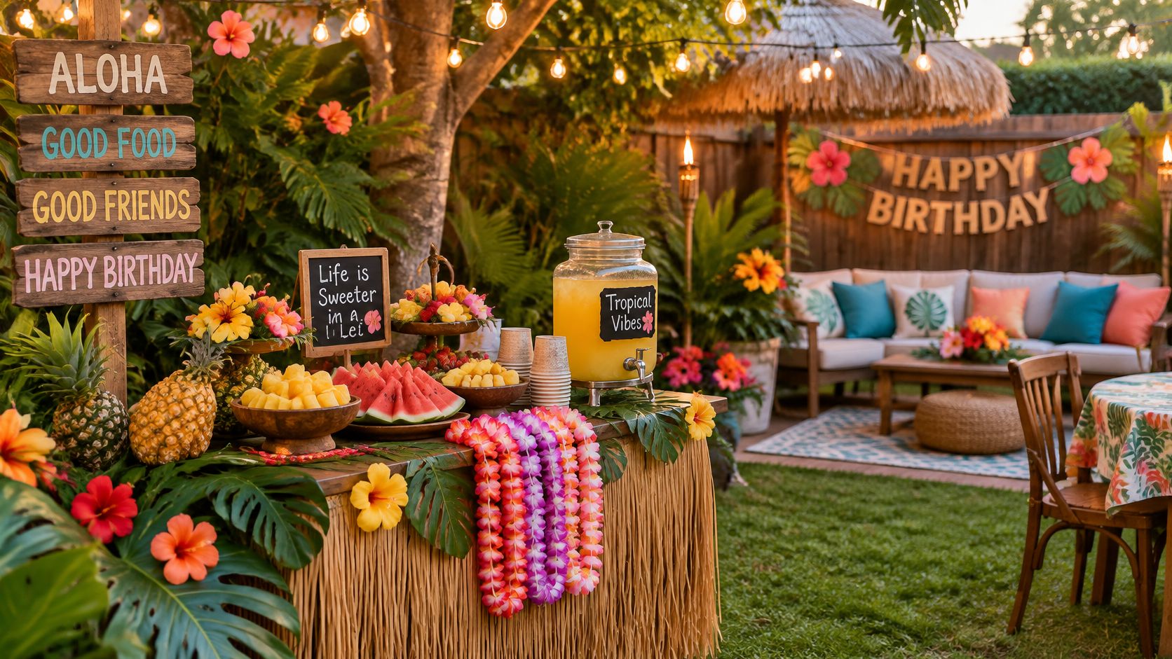 A tropical themed birthday party buffet setup with fruit, leis, and island decor in a backyard.