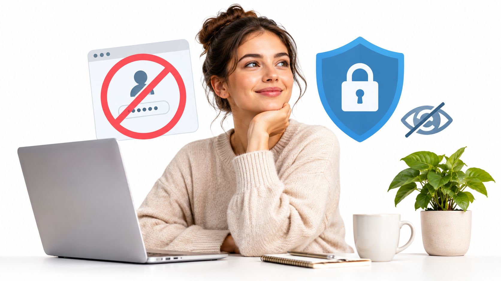 A woman thinking while working on a laptop with security and privacy icons displayed above her.