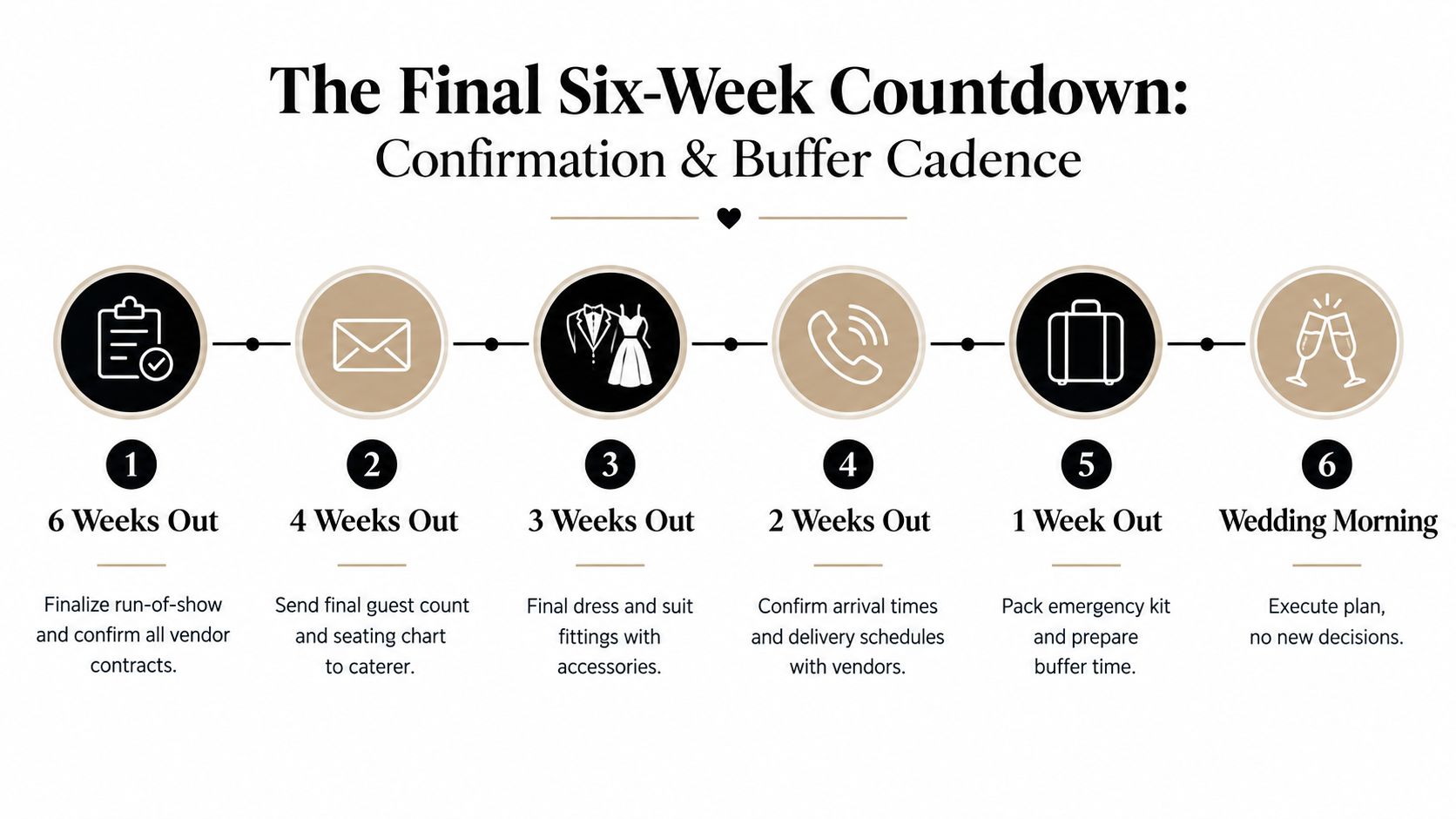 A six-week wedding planning timeline infographic highlighting key milestones from final vendor contracts to the wedding morning.