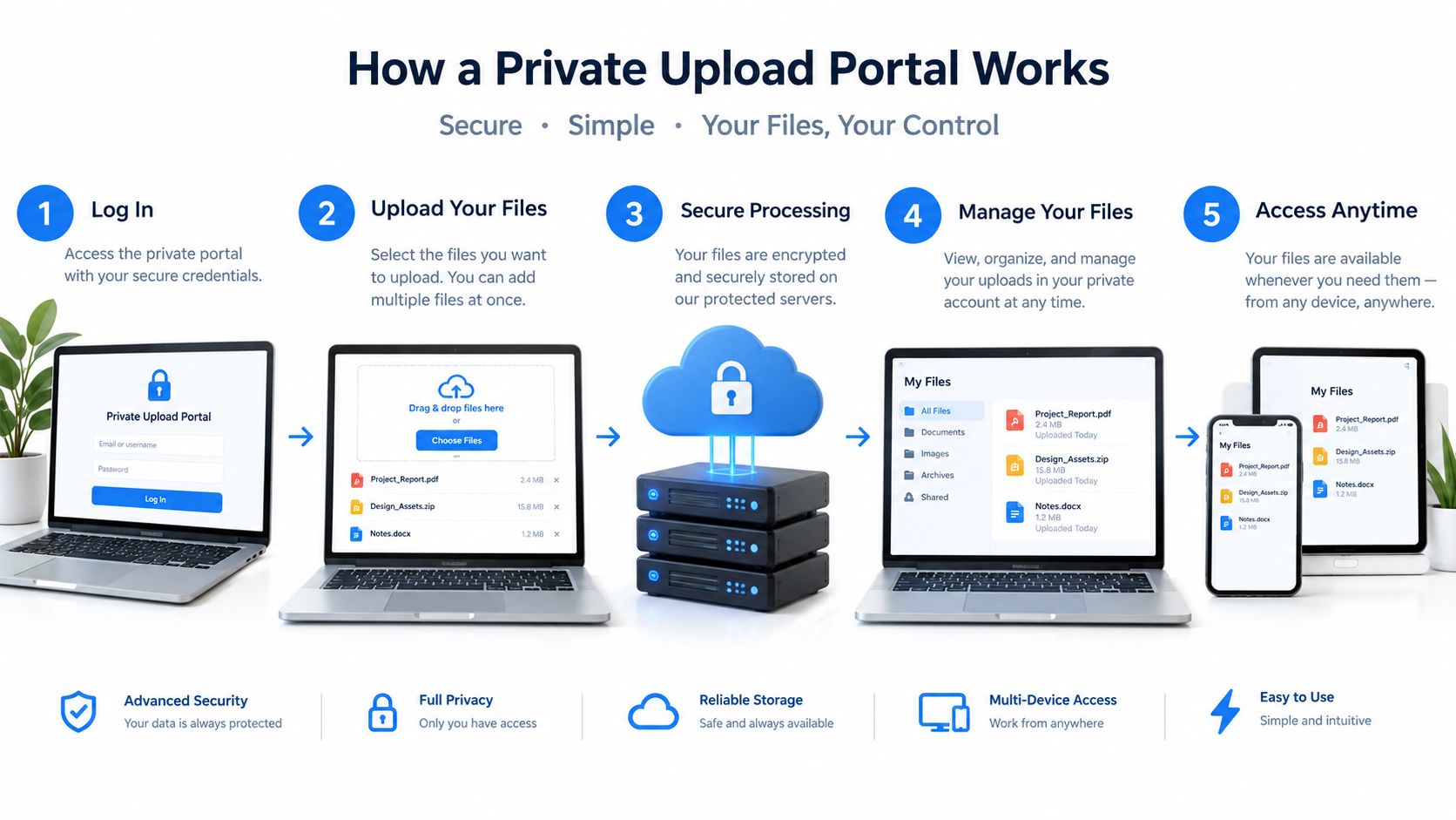 A five-step infographic showing how a private upload portal works to securely store files online.