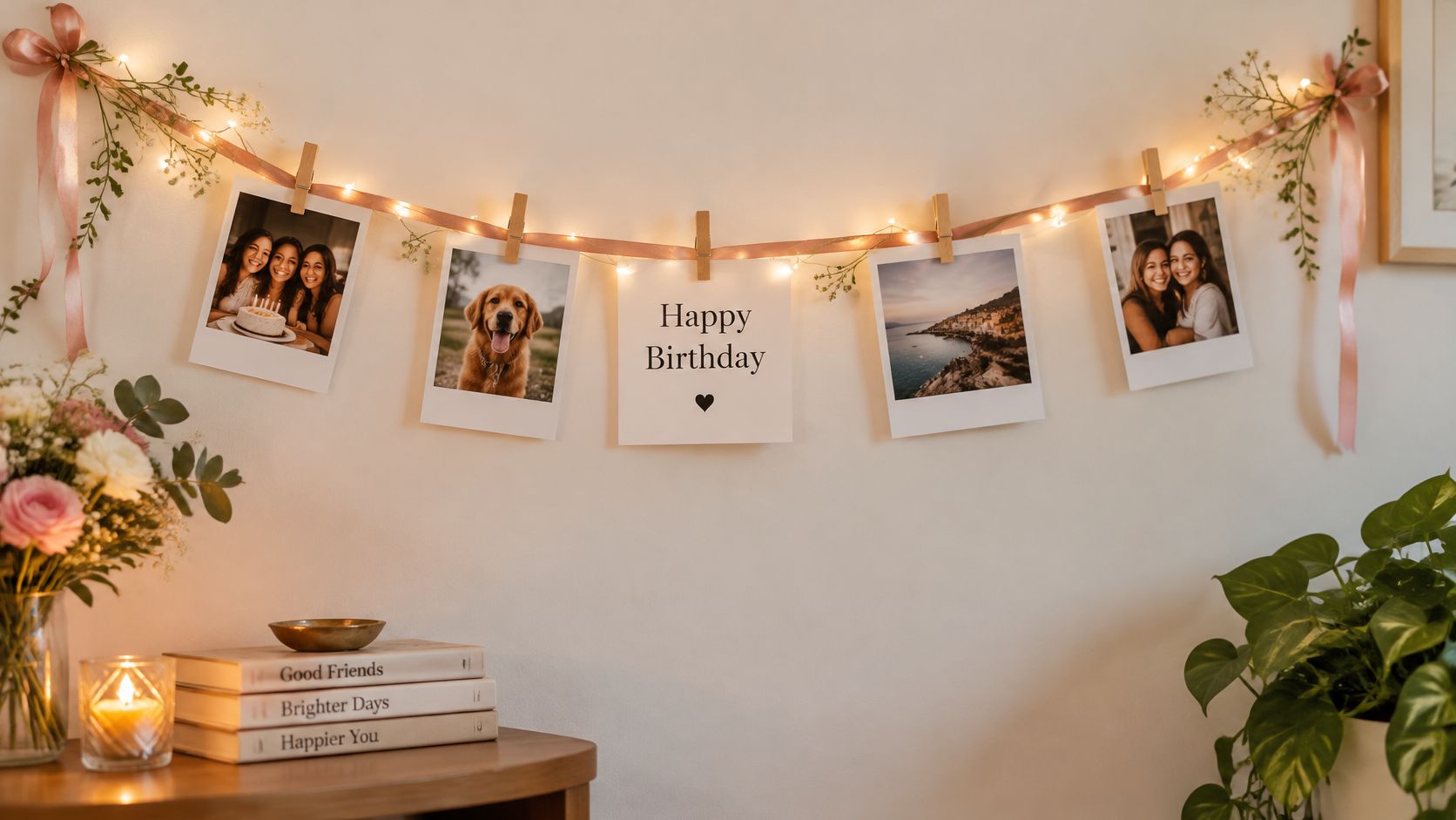A string of hanging polaroid photos and a Happy Birthday sign decorated with fairy lights and flowers.