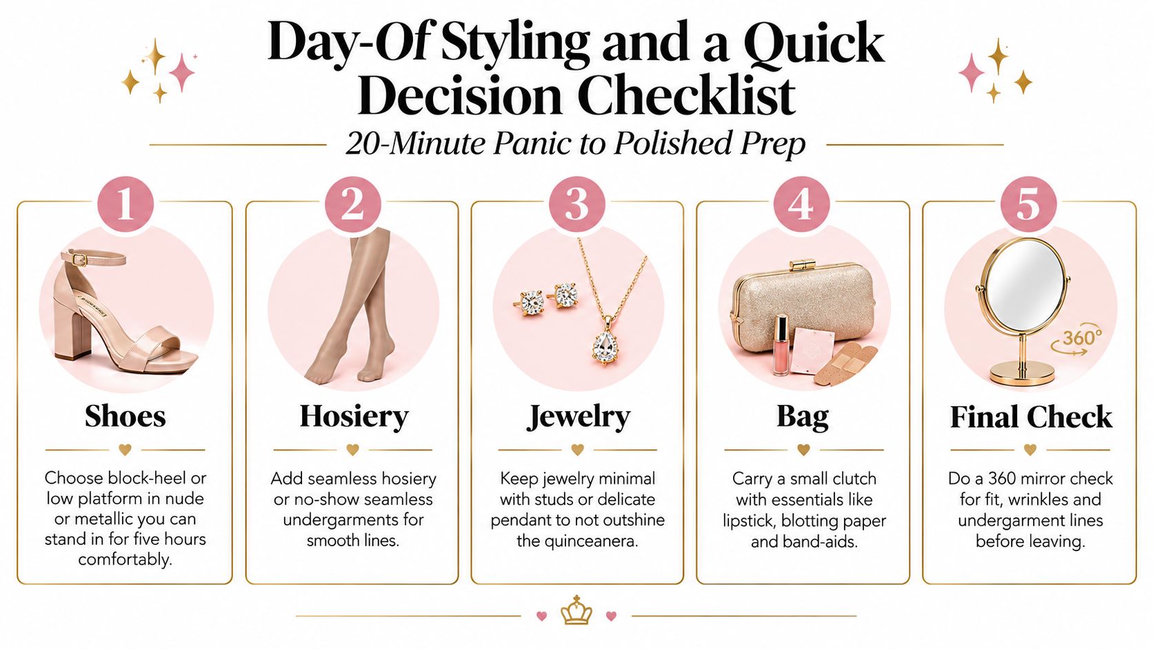 A five-step infographic guide for quinceanera guests on how to style their outfit for the event.