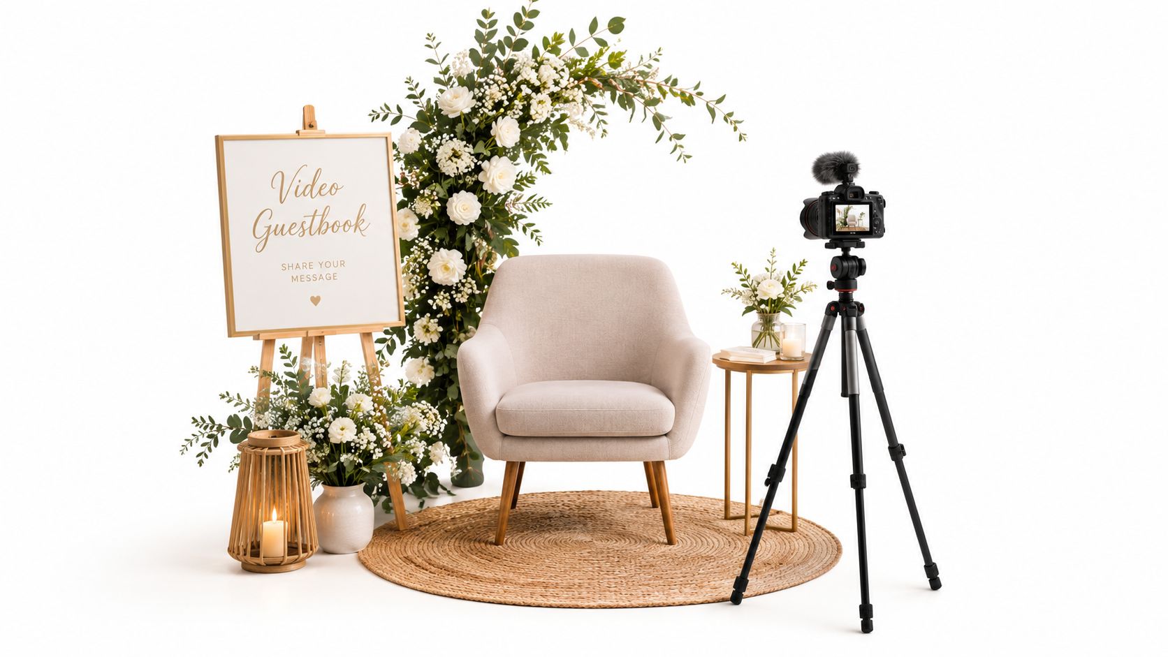 A wedding video guestbook station with an armchair, floral decorations, and a camera set on a tripod.