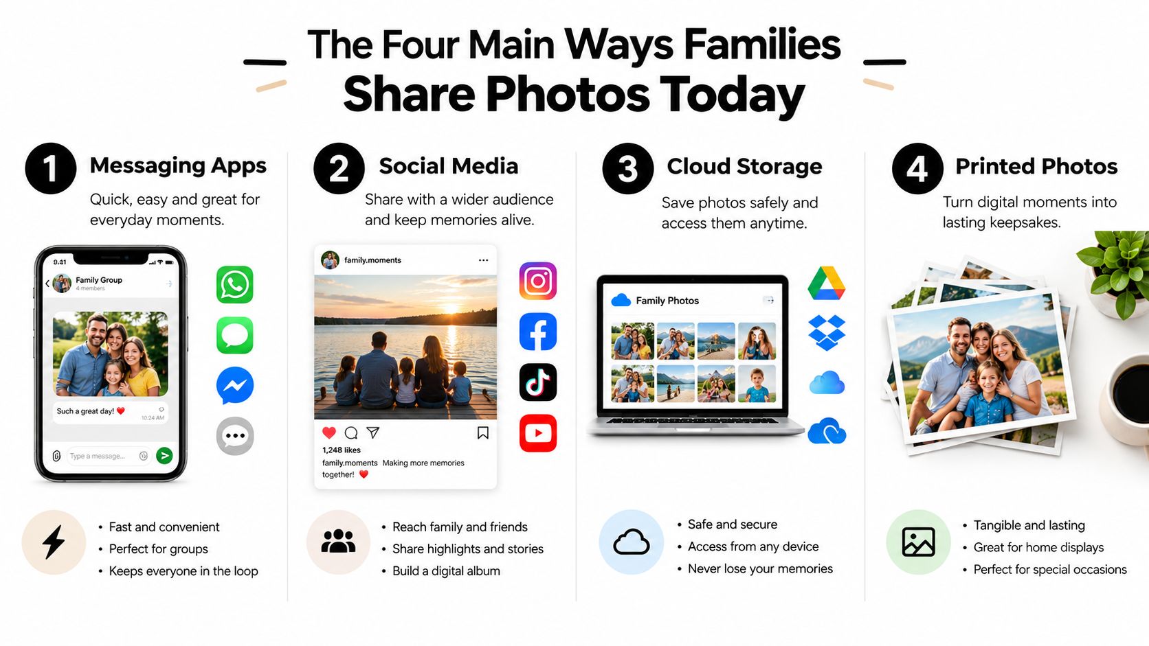 An infographic detailing the four main ways families share photos including messaging, social media, cloud, and printing.