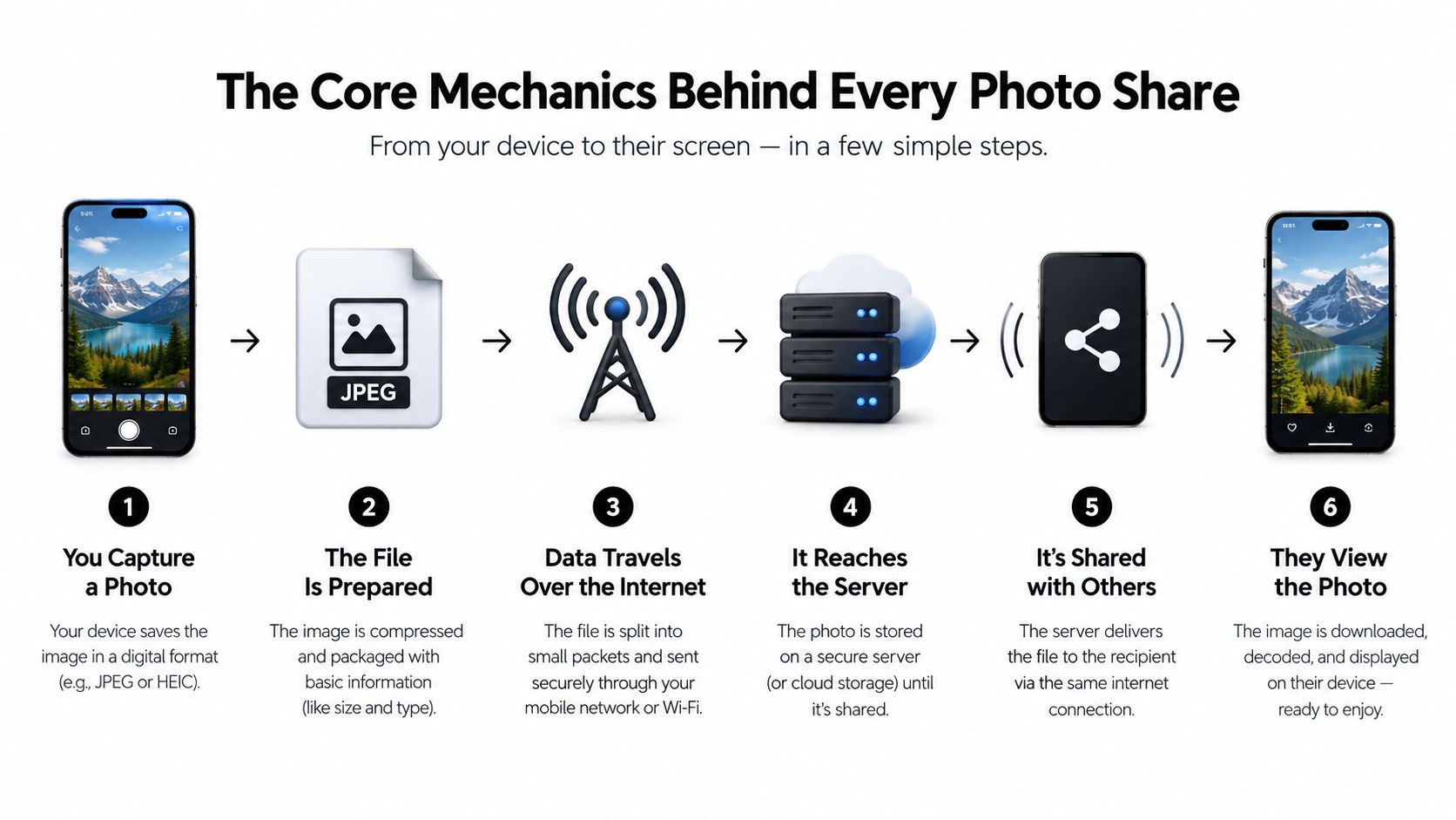 An infographic showing the six steps of how a photo is captured, processed, transmitted, and viewed online.