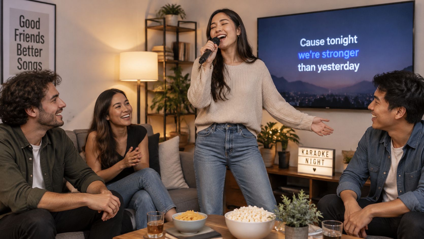 A group of friends having fun singing karaoke together in a cozy living room during a party.