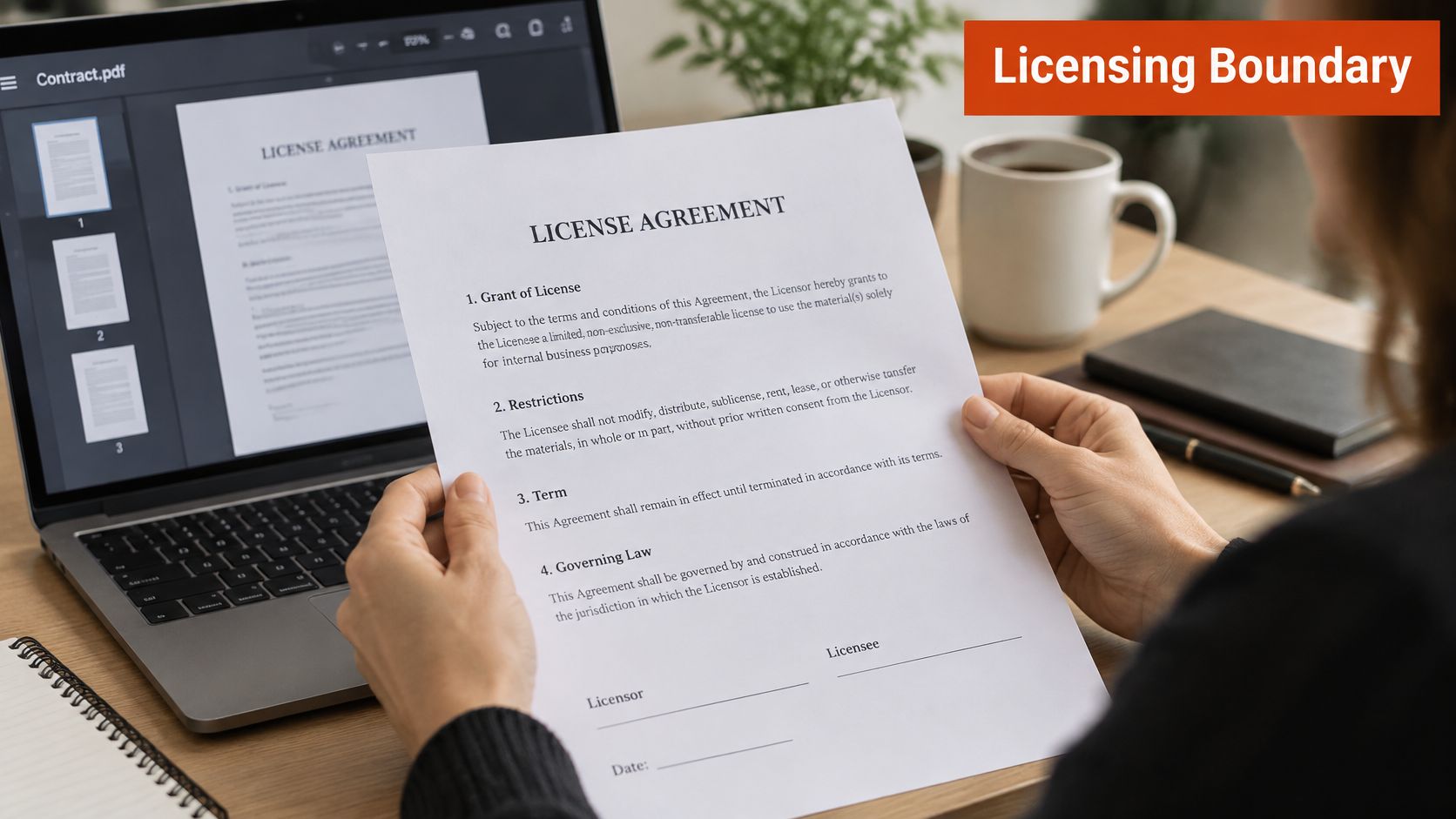 A person holds a printed license agreement document while viewing a PDF version on a laptop screen.