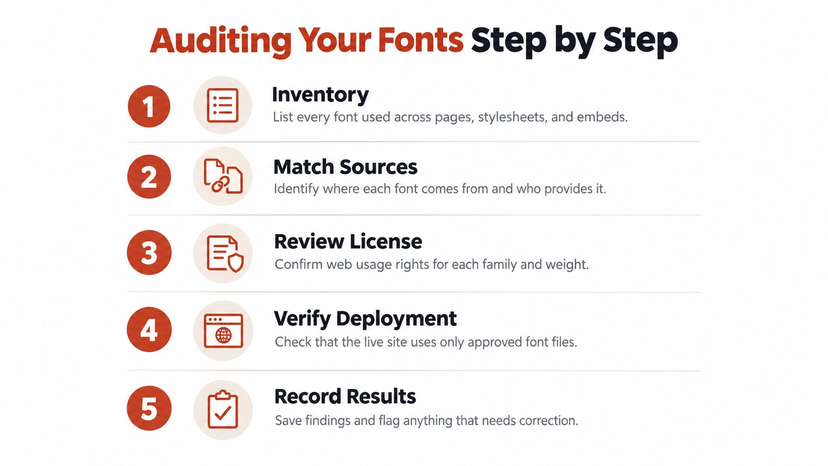 A five-step checklist for auditing web fonts, including inventory, licensing, and deployment verification steps.