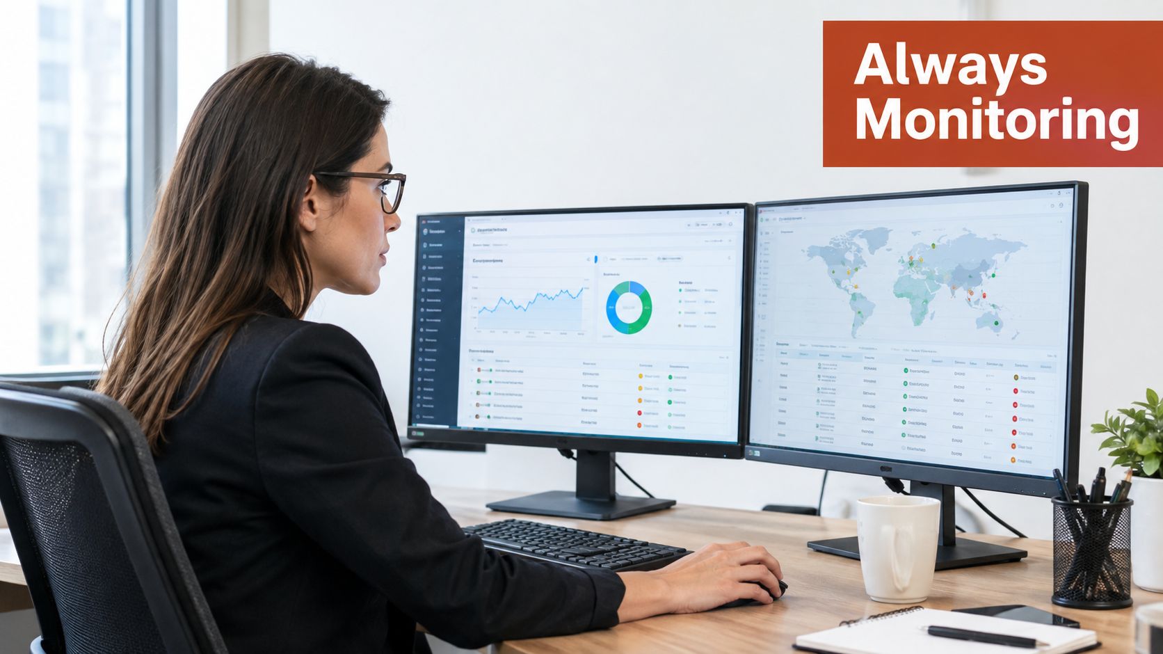 A professional woman in a suit monitors data and analytics on two computer screens in an office.