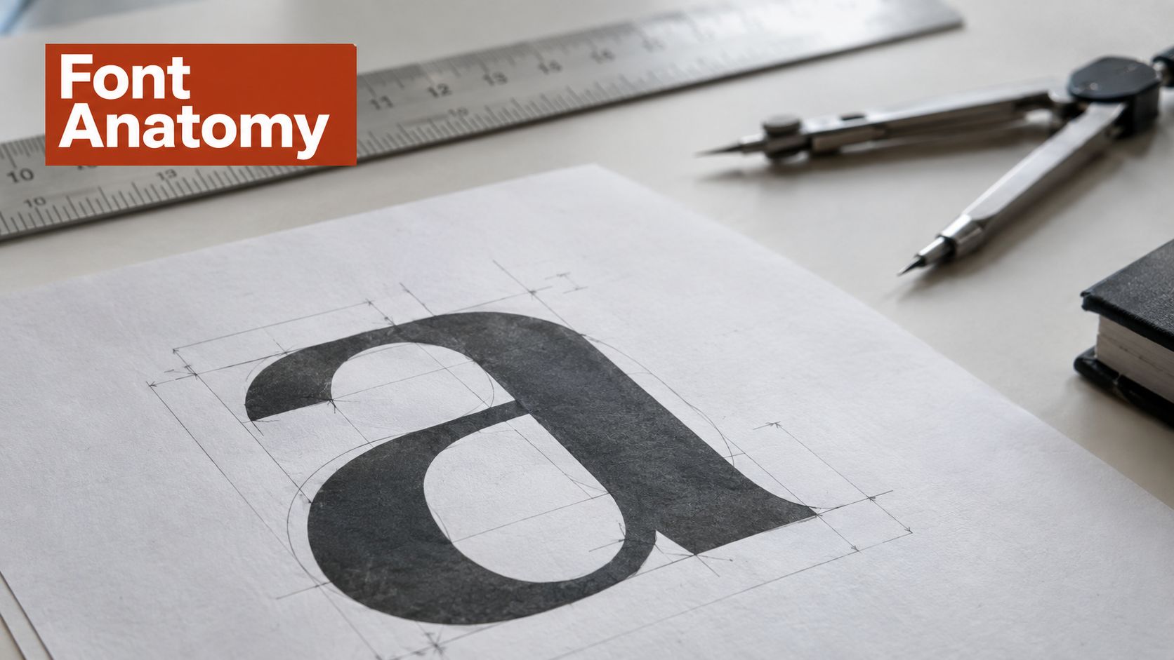 A close up view of a letter a drawn on paper with architectural geometric construction lines.