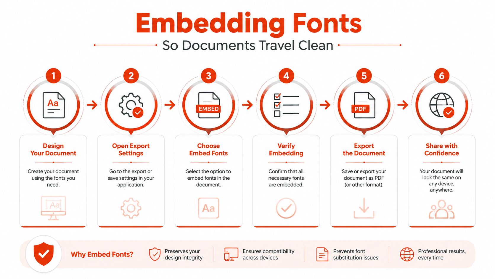 A step-by-step infographic illustrating how to embed fonts into documents to ensure consistent formatting across devices.