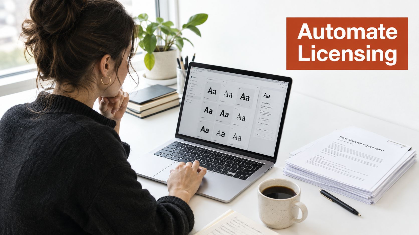 A professional woman working on a laptop while reviewing font license agreements in a modern office setting.