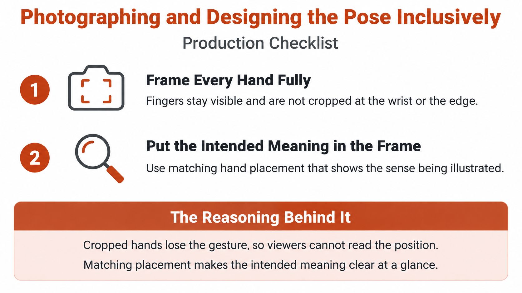 A checklist illustrating how to photograph and design inclusive hand poses for clear communication and accessibility.