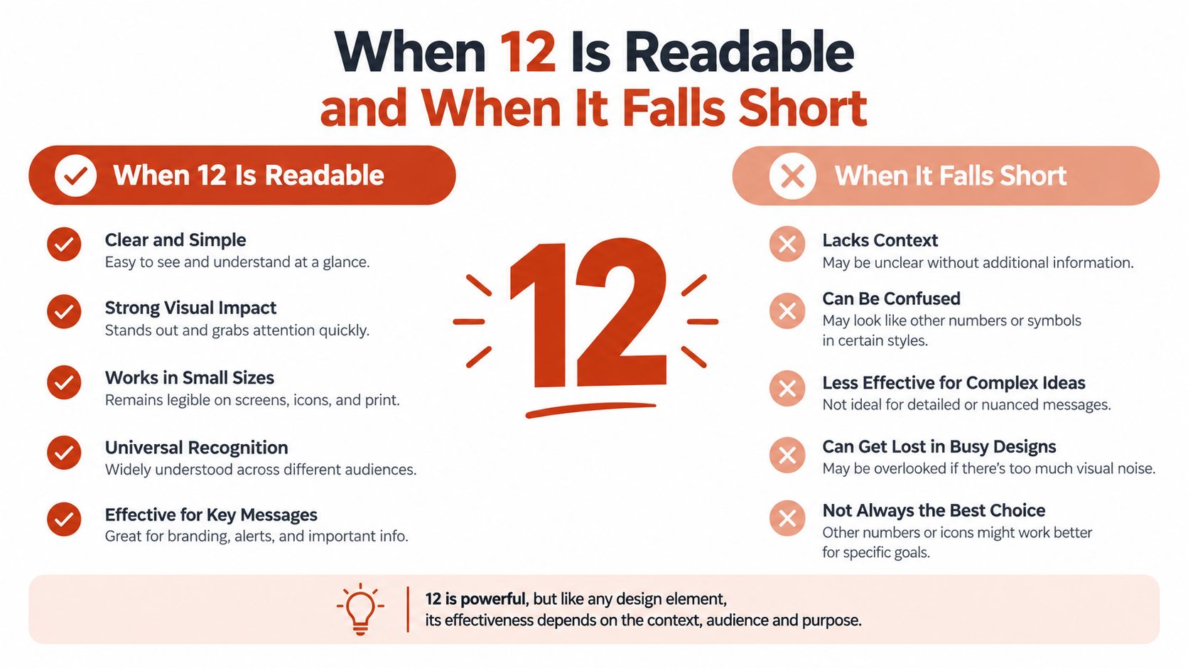 A visual guide comparing the readability benefits and drawbacks of using the number 12 in design.