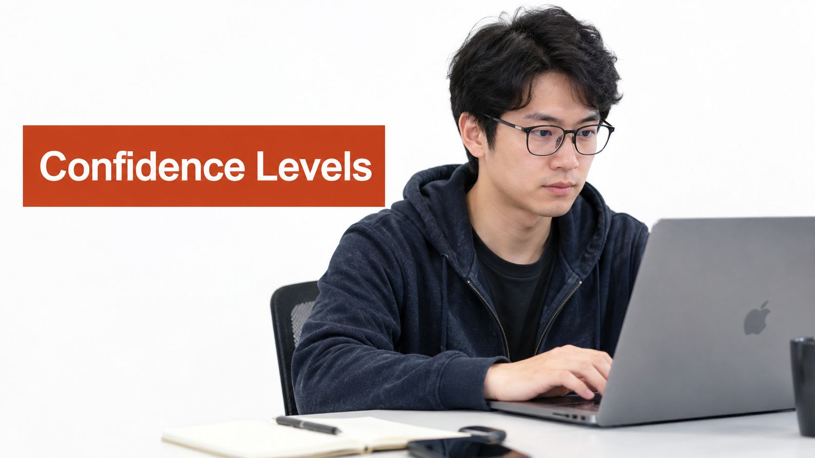 A young man with glasses working on a laptop at a desk with confidence levels text overlay.