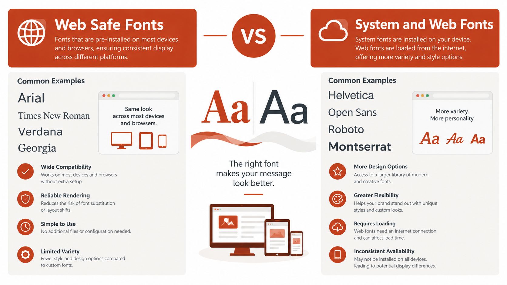An infographic comparing web safe fonts against system and web fonts, highlighting their pros, cons, and examples.