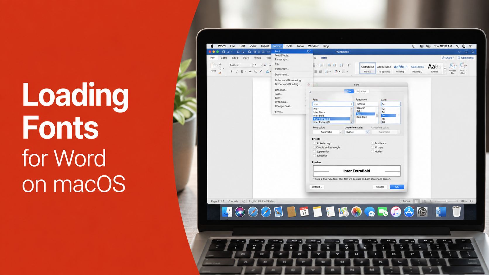 A MacBook displaying a Microsoft Word dialog box for font settings on the macOS operating system.
