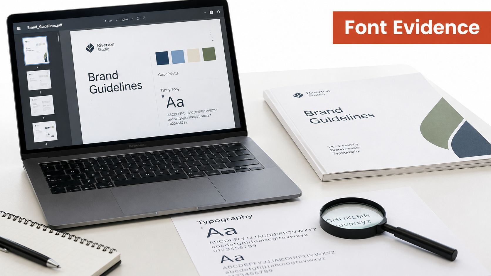 A professional desk workspace featuring a laptop, a printed brand guidelines book, and a magnifying glass over typography.
