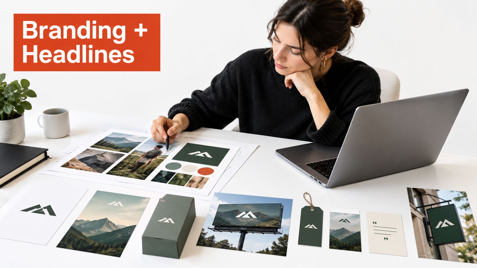 A professional graphic designer working on branding materials and logos at a modern workspace desk.