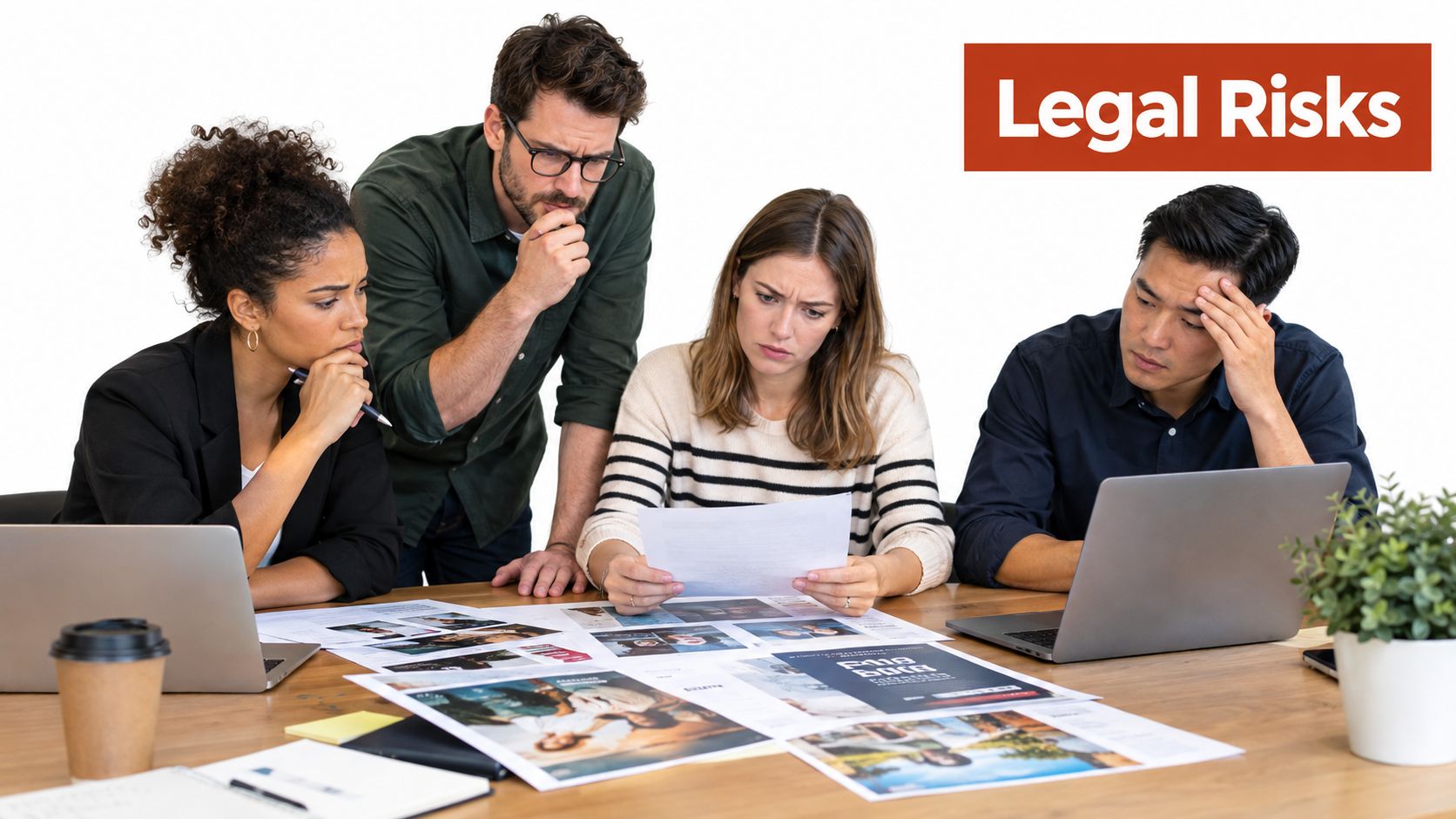 A professional team of four people looking concerned while reviewing legal documents at an office table.